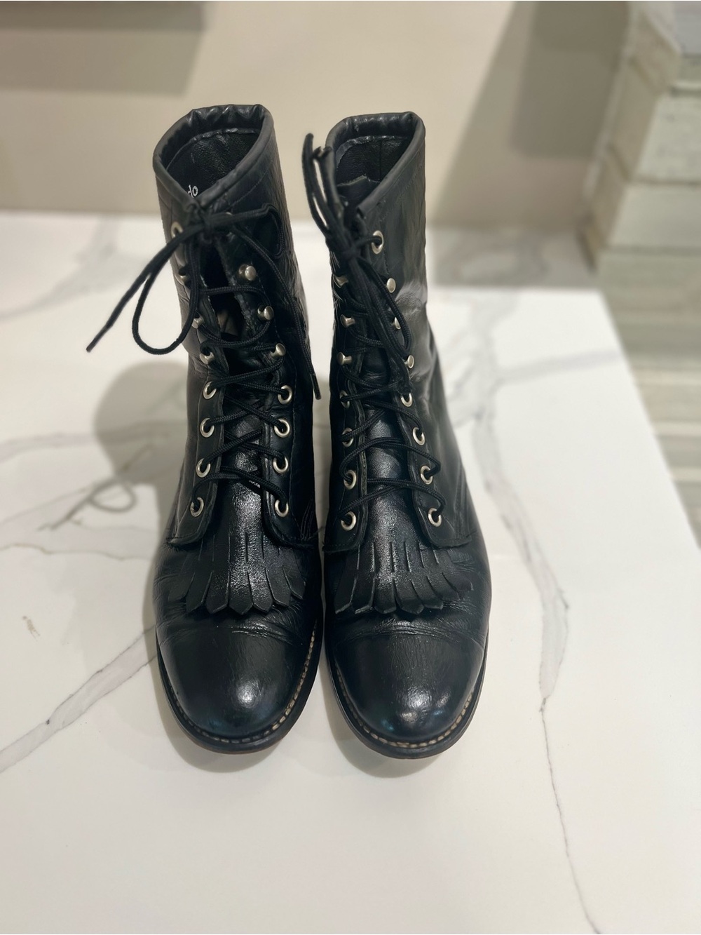 Vintage Laredo USA Black Leather Kiltie Lace-Up Western Roper Boots Women's 8.5M